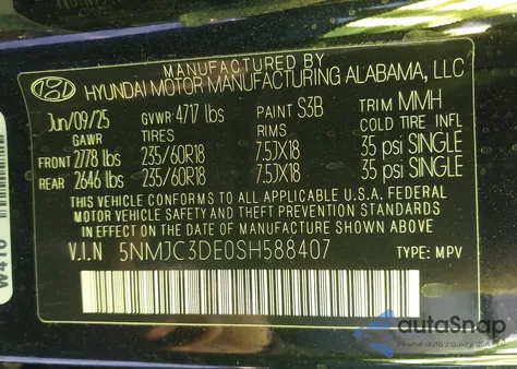 2025 Hyundai Tucson Sel Convenience z USA, uszkodzony, nr VIN 5NMJC3DE0SH588407